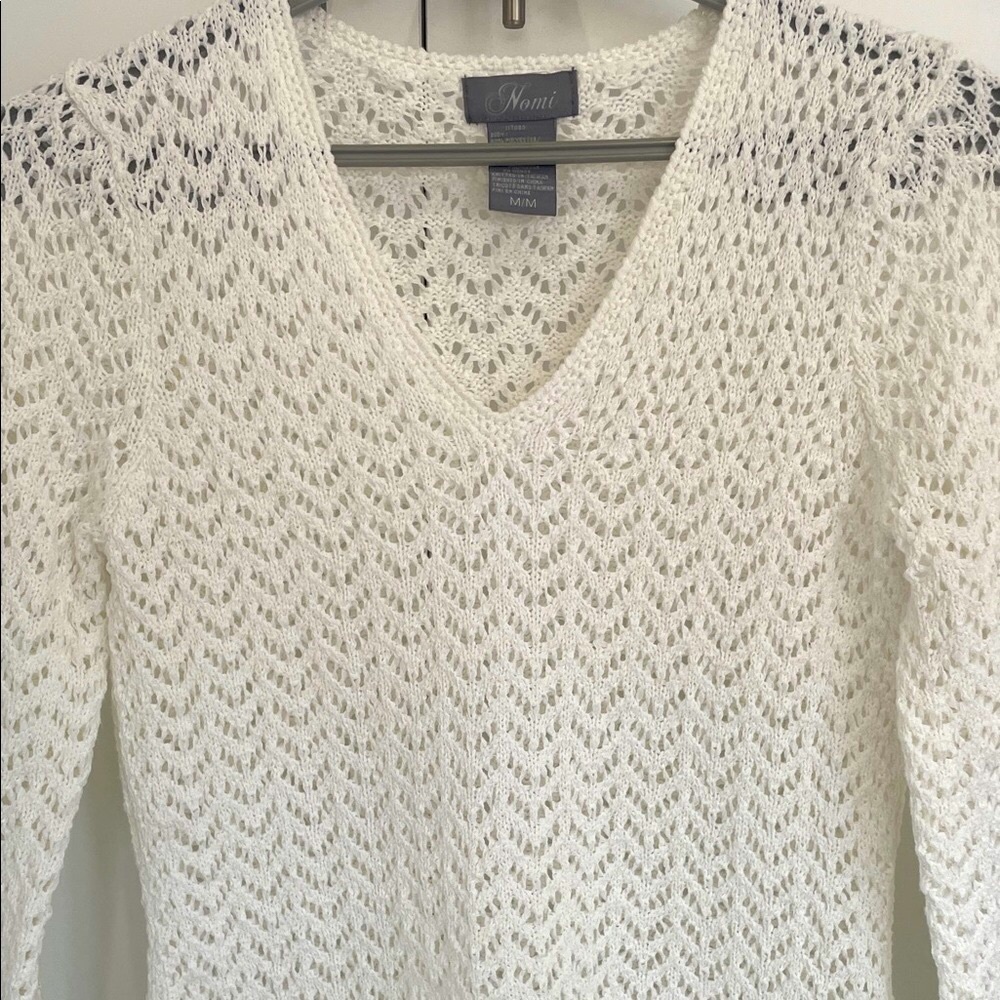 Nomi White V Neck Open Weave Knit Sweater M